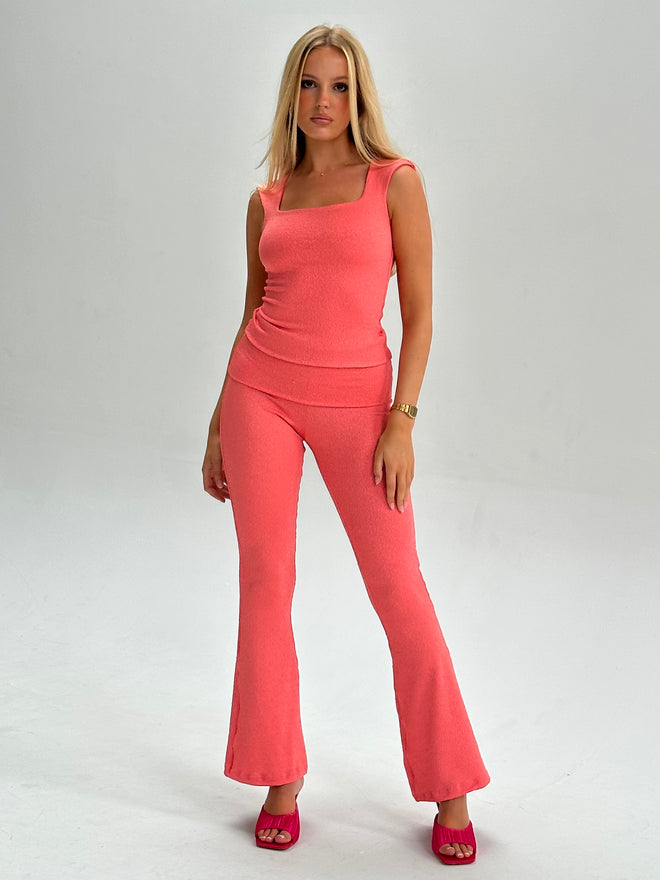 Coral Foldover Waistband Flared Trousers