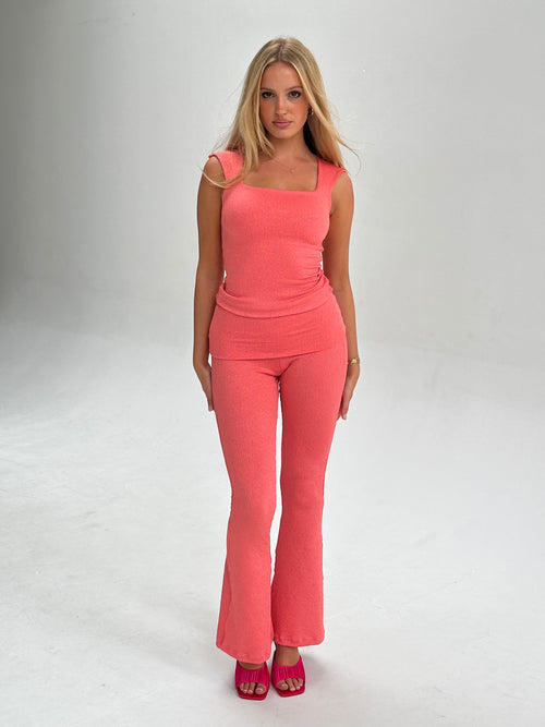 Coral Foldover Waistband Flared Trousers